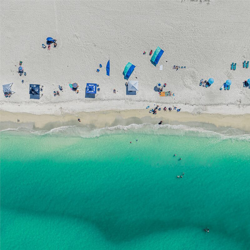 areal shot of beach goers